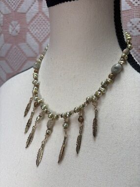 Handcrafted Pearl Beaded Necklace Feather Charm Drop